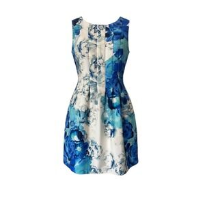 Eliza J Blue White Floral Pleated Fit Flare Dress Sleeveless party Pockets Sz 8